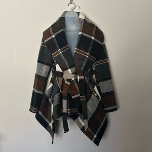 CHICWISH Turn Down Shawl Collar Checked Asymmetric Hemline Wool Blend Coat